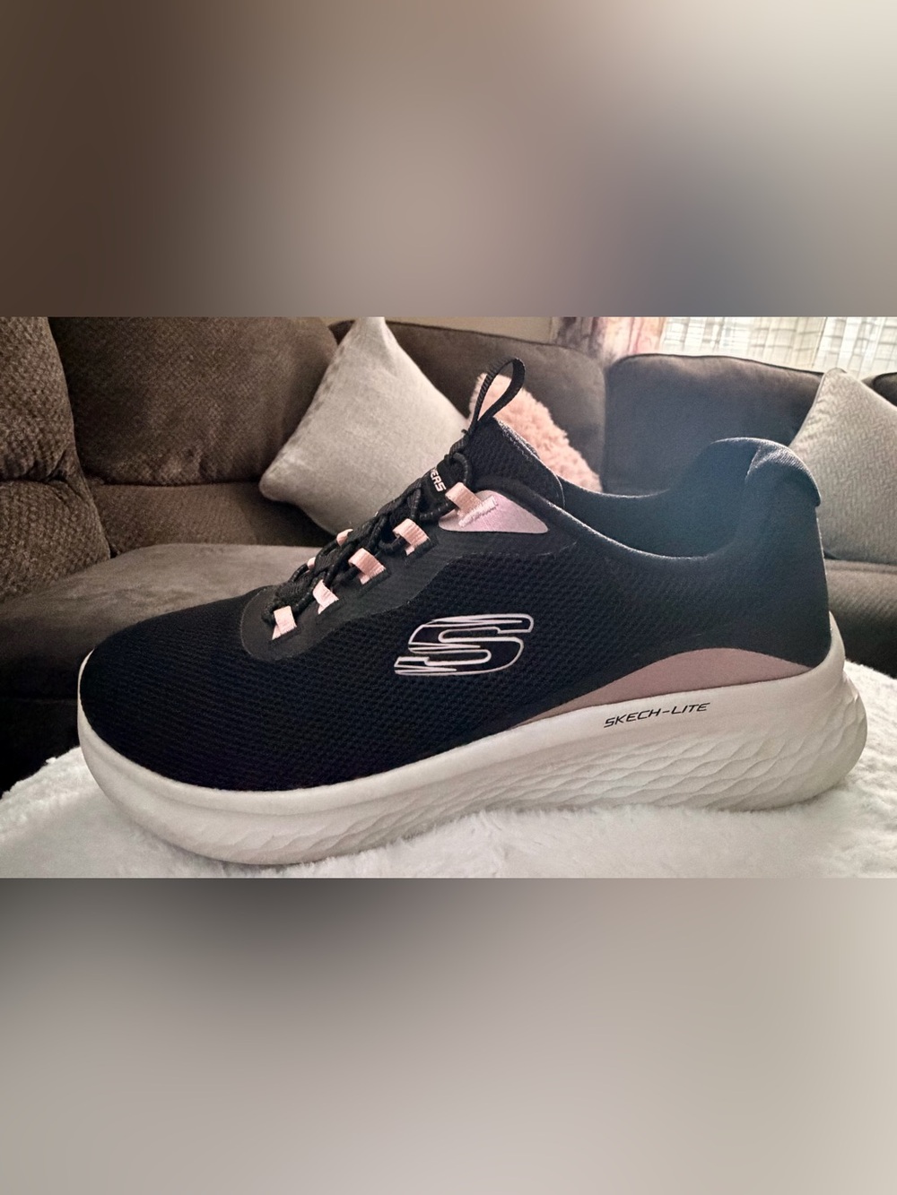 Skechers Black Mesh Slip-On Sneakers with Pink Eyelet Accents